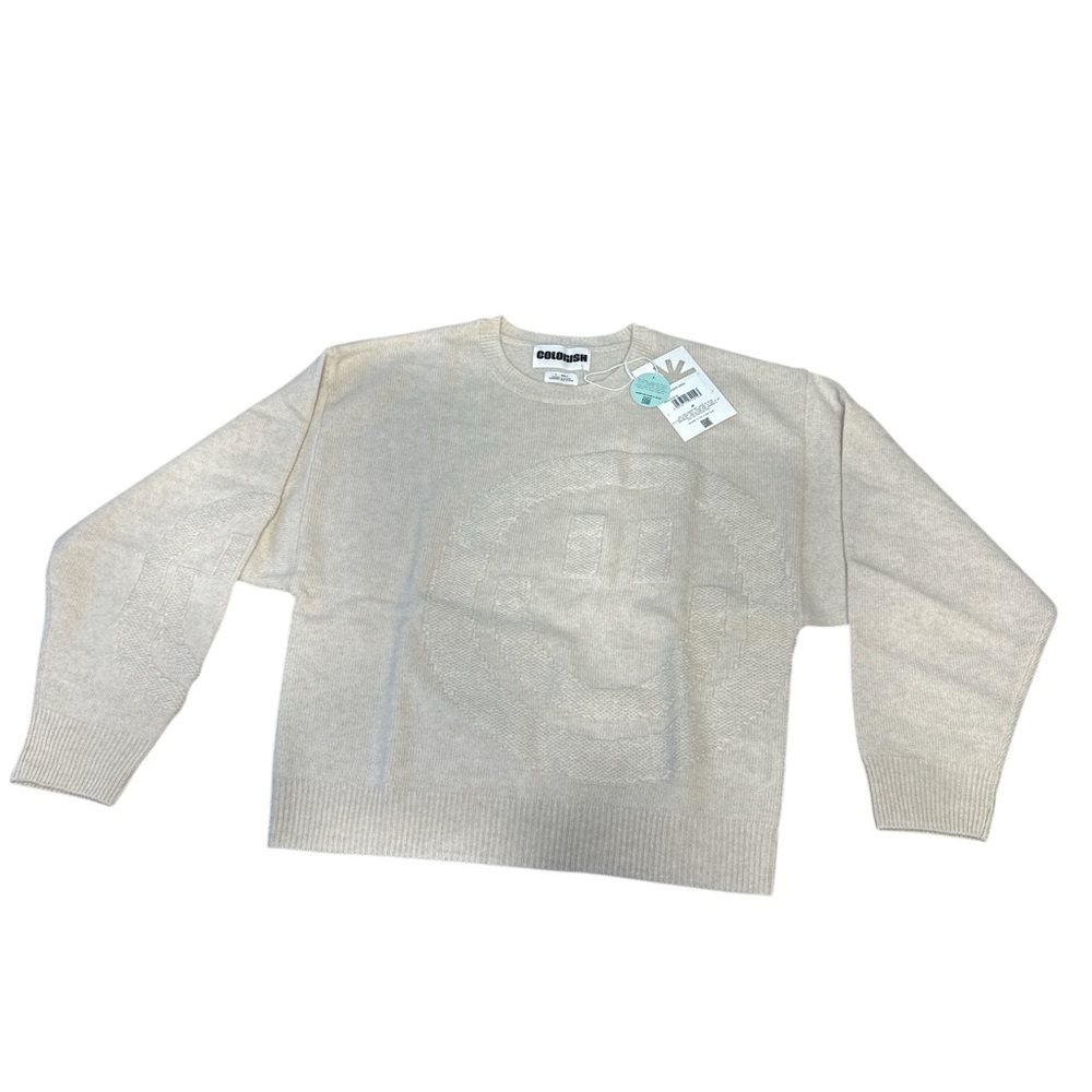100% Cashmere Crewneck Sweater.   Smiley slouchy crew. Smiley face in body